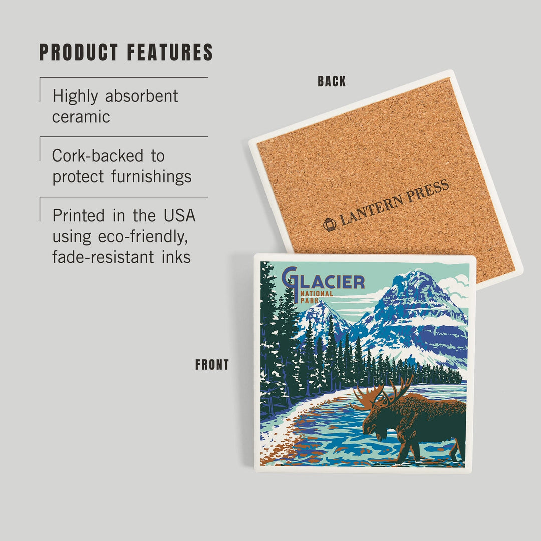 Glacier National Park, Montana, Explorer Series, Moose, Coasters Coasters Lantern Press 