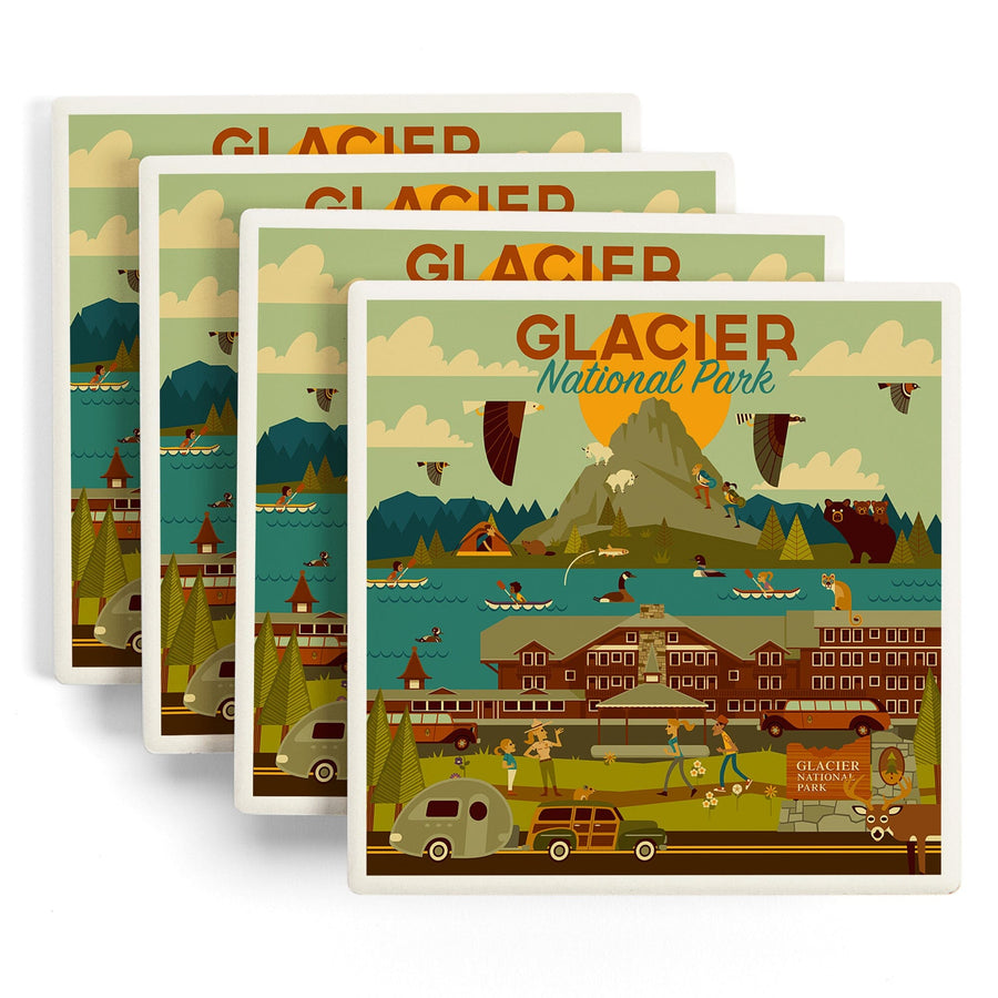 Glacier National Park, Montana, Geometric National Park Series, Lantern Press Artwork, Coaster Set - Lantern Press