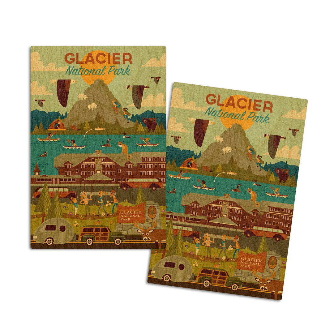 Glacier National Park, Montana, Geometric National Park Series, Lantern Press Artwork, Wood Signs and Postcards Wood Lantern Press 4x6 Wood Postcard Set 