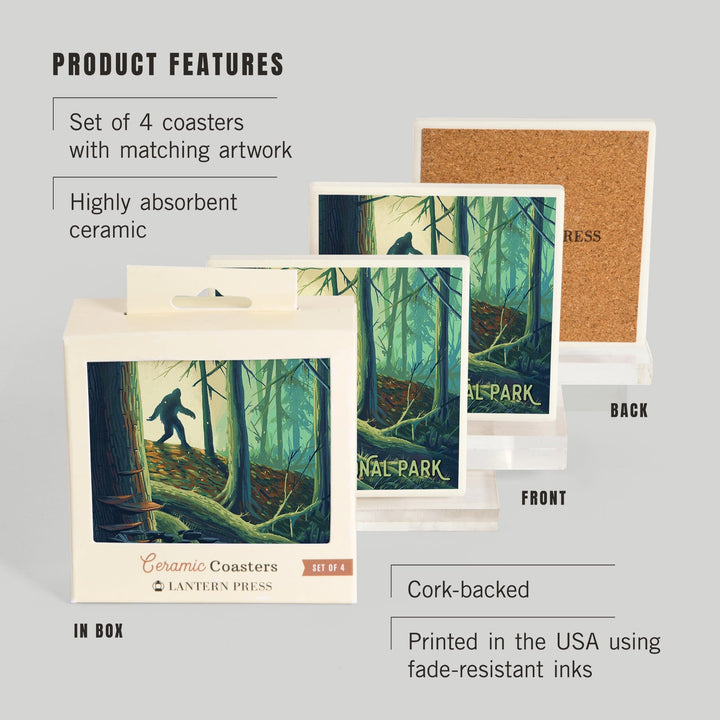 Glacier National Park, Montana, Get Outside Series, Wanderer, Bigfoot in Forest, Coasters Coasters Lantern Press 