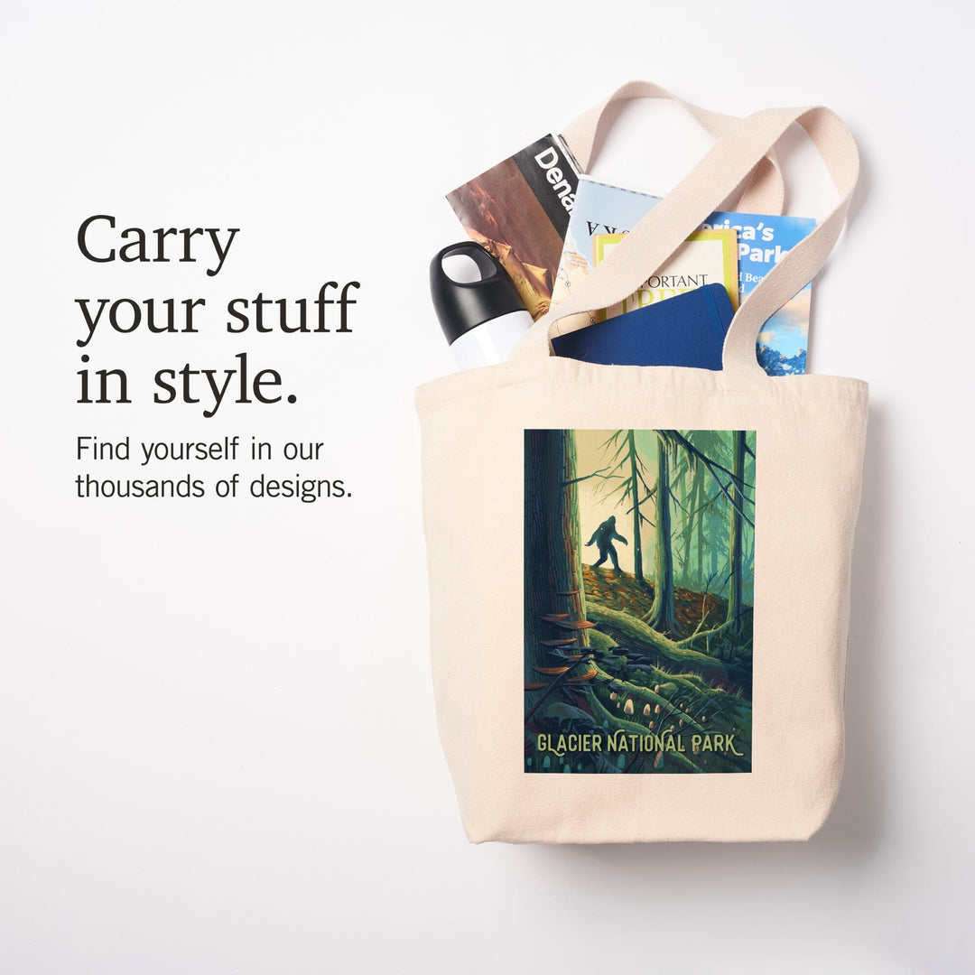 Glacier National Park, Montana, Get Outside Series, Wanderer, Bigfoot in Forest, Tote Bag Totes Lantern Press 