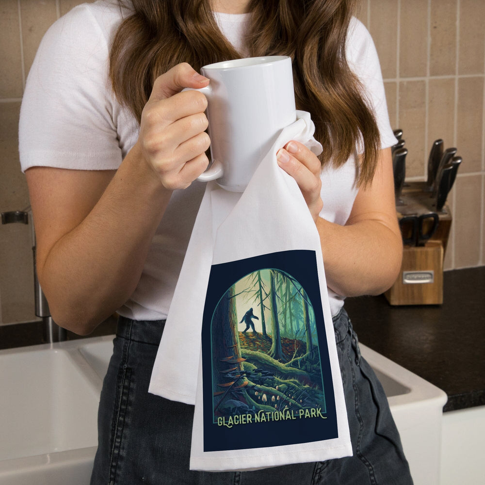 Glacier National Park, Montana, Get Outside, Wanderer, Bigfoot in Forest, Organic Cotton Kitchen Tea Towels Kitchen Lantern Press 