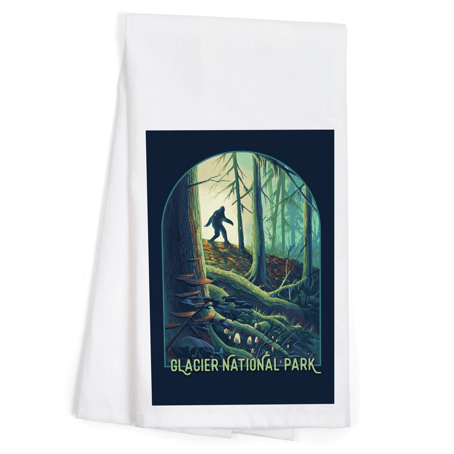 Glacier National Park, Montana, Get Outside, Wanderer, Bigfoot in Forest, Organic Cotton Kitchen Tea Towels Kitchen Lantern Press 