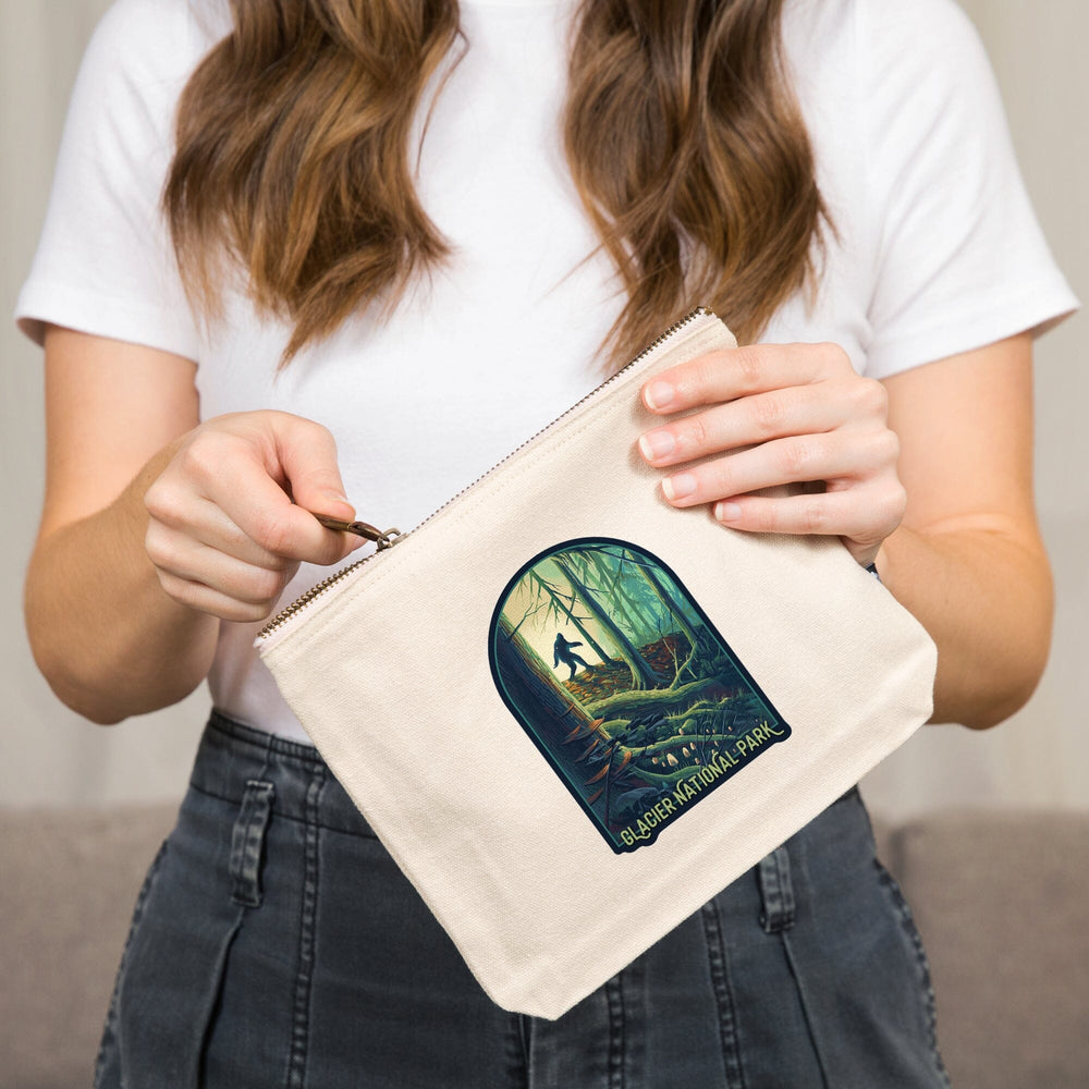 Glacier National Park, Montana, Get Outside, Wanderer, Bigfoot in Forest, Organic Cotton Zipper Pouch, Go Bag Go Bag Lantern Press 