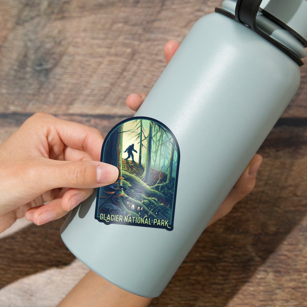 Glacier National Park, Montana, Get Outside, Wanderer, Bigfoot in Forest, Vinyl Sticker Sticker Lantern Press 