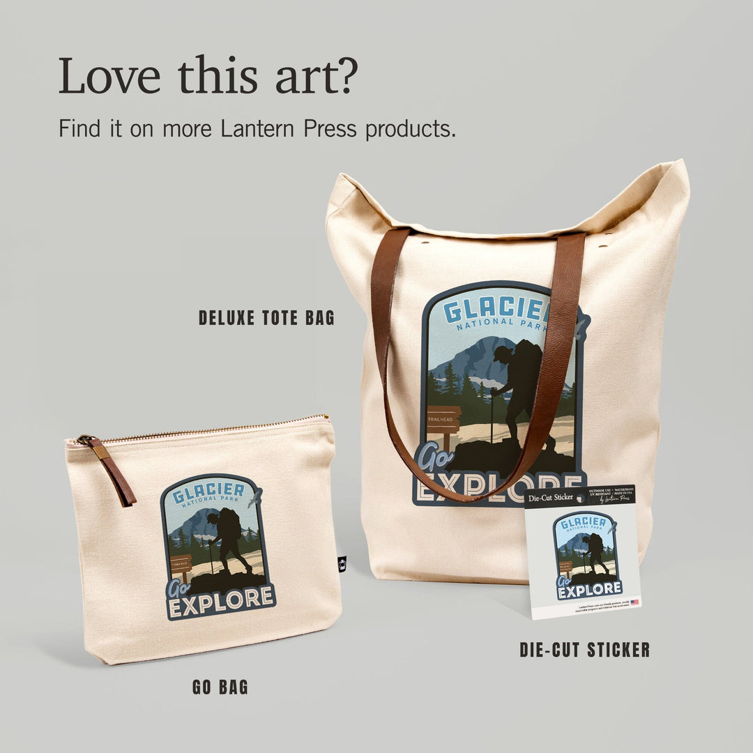 Glacier National Park, Montana, Go Explore, Backpacker, Contour, Lantern Press Artwork, Vinyl Sticker - Lantern Press