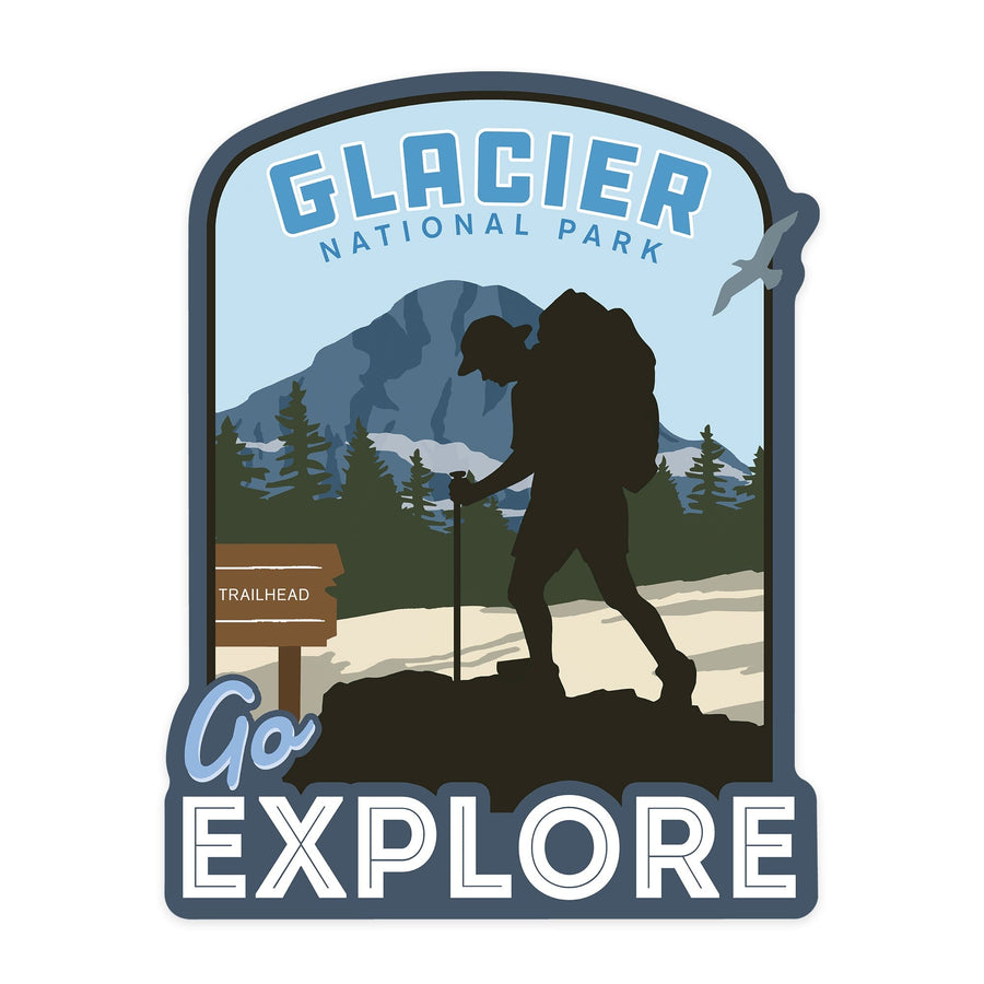 Glacier National Park, Montana, Go Explore, Backpacker, Contour, Lantern Press Artwork, Vinyl Sticker - Lantern Press