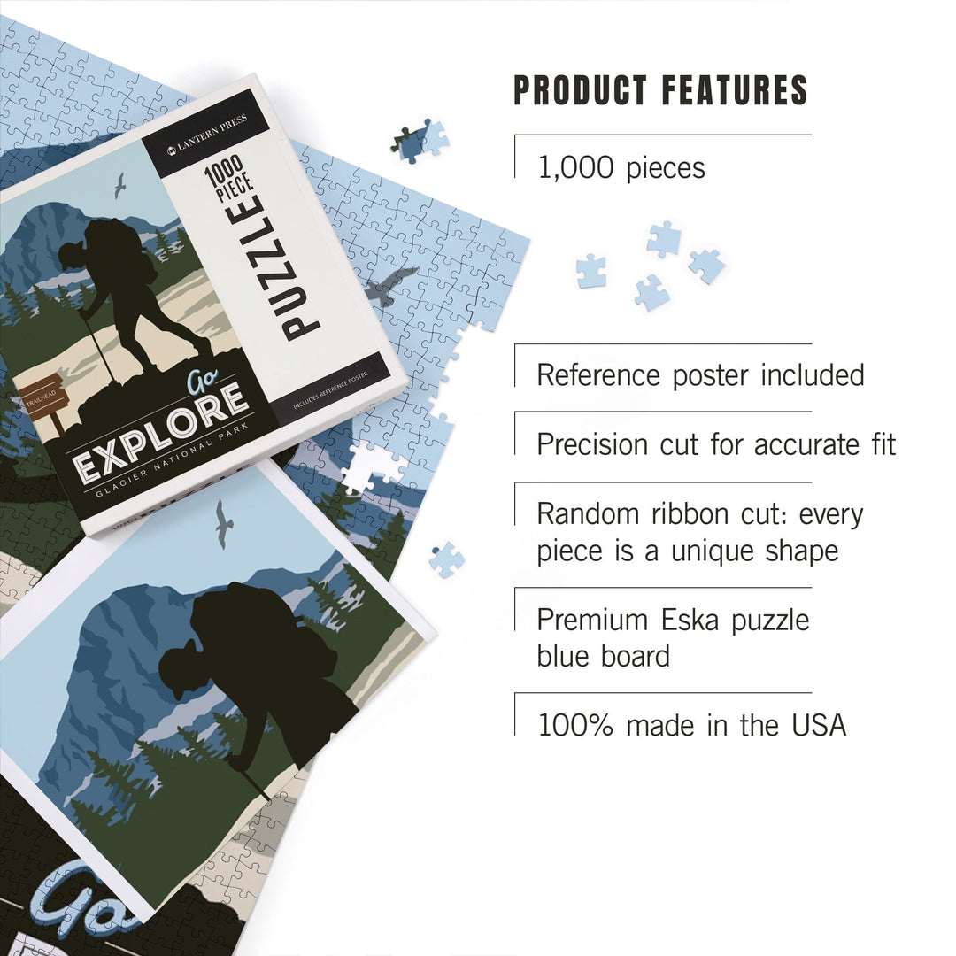Glacier National Park, Montana, Go Explore, Backpacker, Jigsaw Puzzle Puzzle Lantern Press 