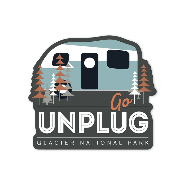 Glacier National Park, Montana, Go Unplug, Retro Camper, Vector, Contour, Vinyl Sticker Sticker Lantern Press 