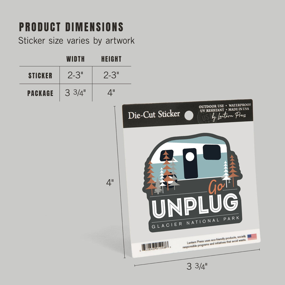 Glacier National Park, Montana, Go Unplug, Retro Camper, Vector, Contour, Vinyl Sticker Sticker Lantern Press 