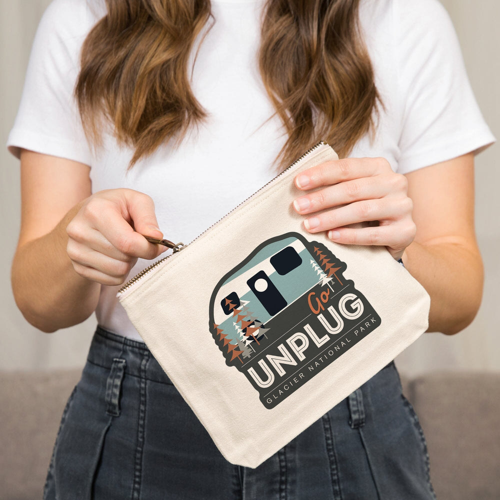 Glacier National Park, Montana, Go Unplug, Retro Camper, Vector,, Organic Cotton Zipper Pouch, Go Bag Go Bag Lantern Press 