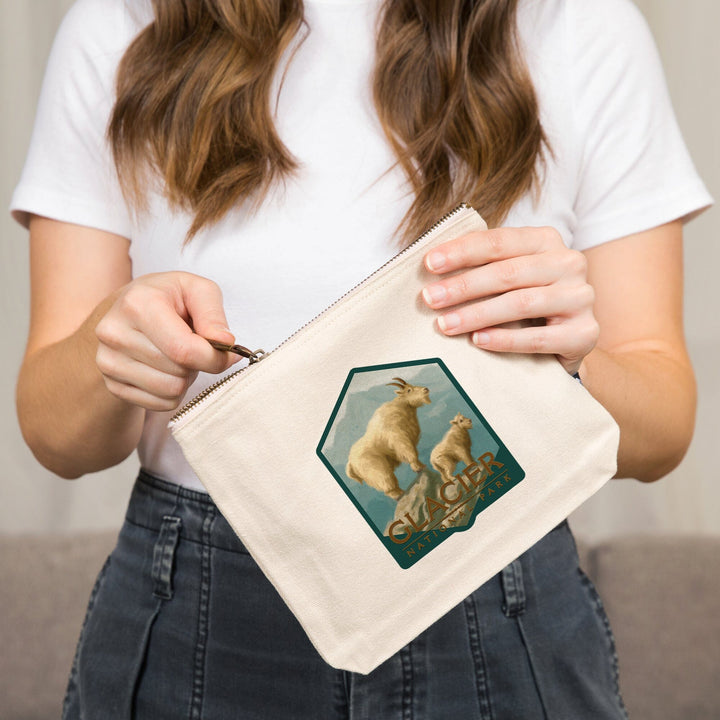 Glacier National Park, Montana, Goat and Kid, Oil Painting,, Organic Cotton Zipper Pouch, Go Bag Go Bag Lantern Press 