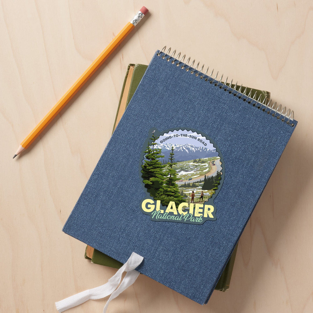 Glacier National Park, Montana, Going to the Sun Road and Hikers, Contour, Vinyl Sticker - Lantern Press