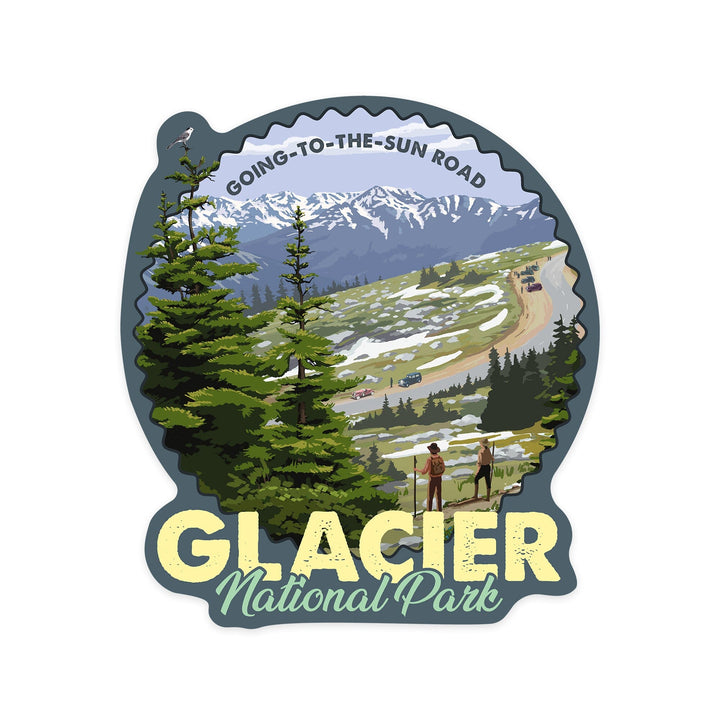 Glacier National Park, Montana, Going to the Sun Road and Hikers, Contour, Vinyl Sticker - Lantern Press