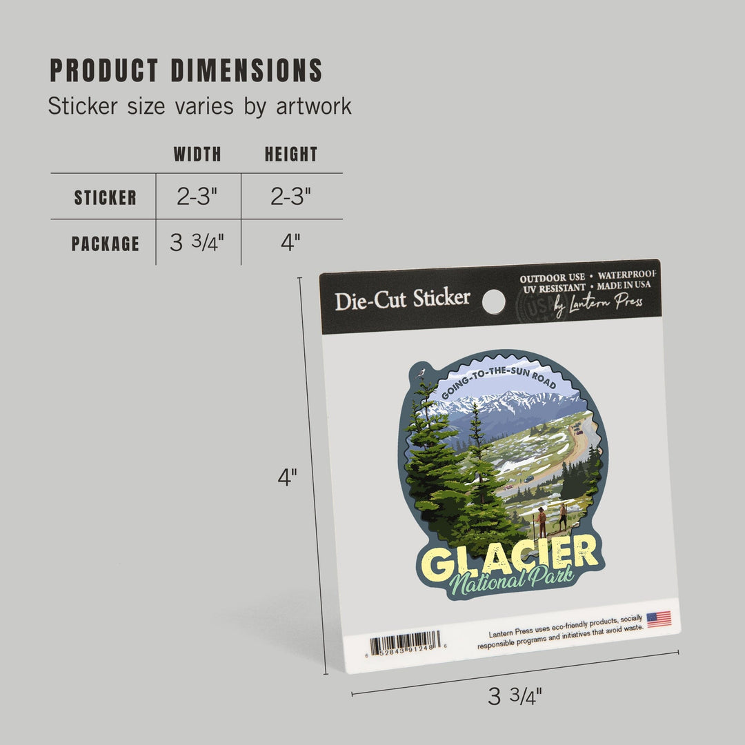 Glacier National Park, Montana, Going to the Sun Road and Hikers, Contour, Vinyl Sticker - Lantern Press