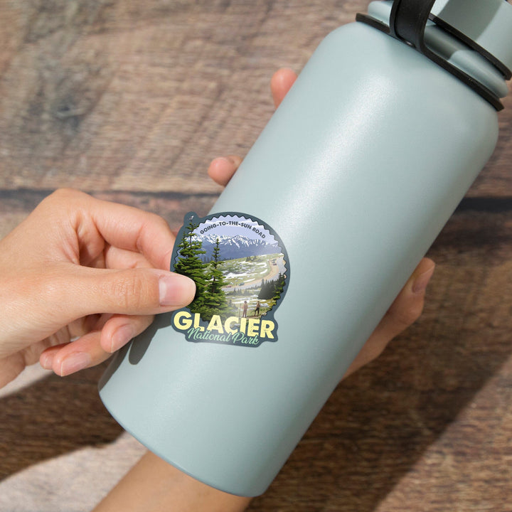 Glacier National Park, Montana, Going to the Sun Road and Hikers, Contour, Vinyl Sticker - Lantern Press