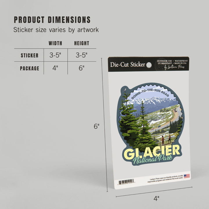 Glacier National Park, Montana, Going to the Sun Road and Hikers, Contour, Vinyl Sticker - Lantern Press