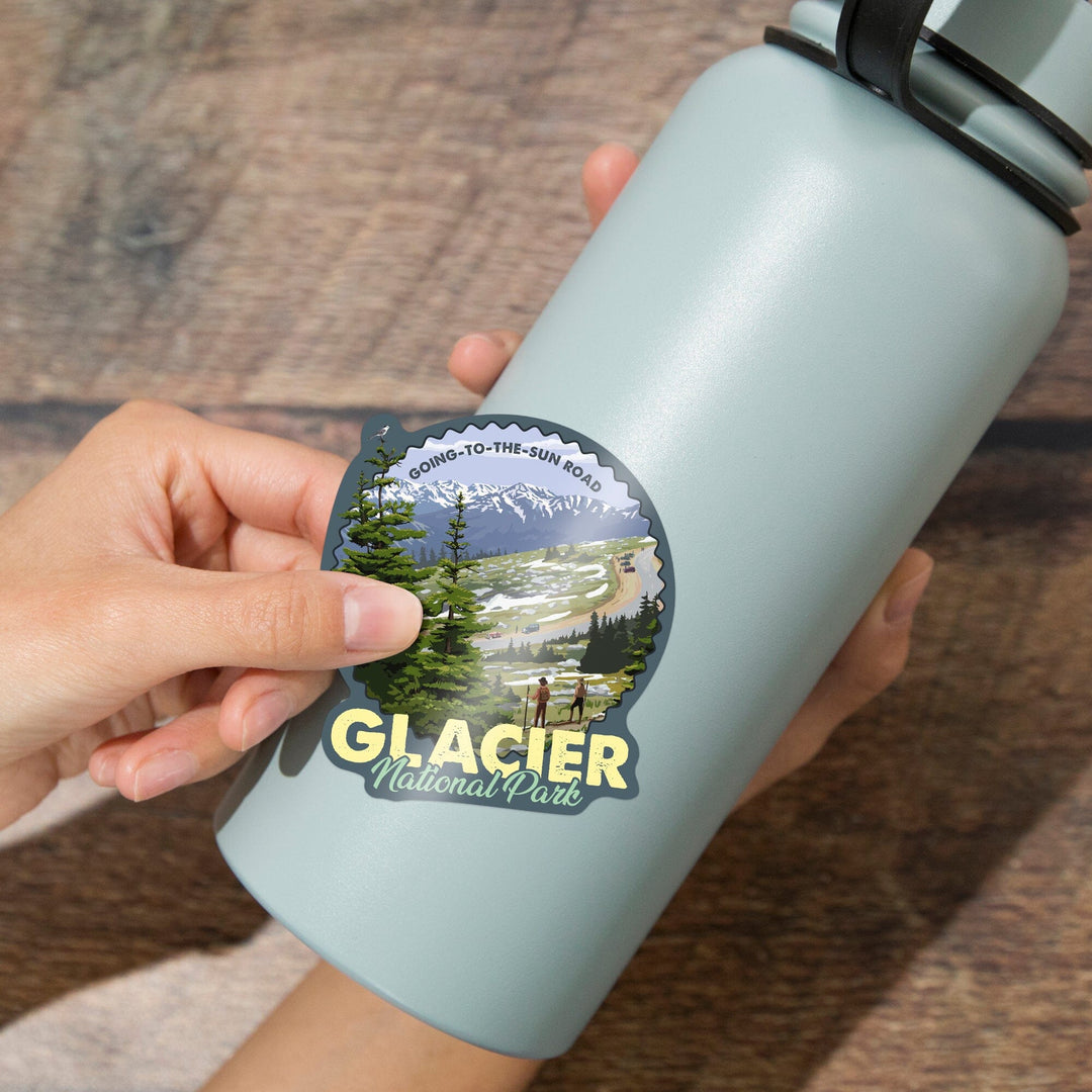 Glacier National Park, Montana, Going to the Sun Road and Hikers, Contour, Vinyl Sticker - Lantern Press