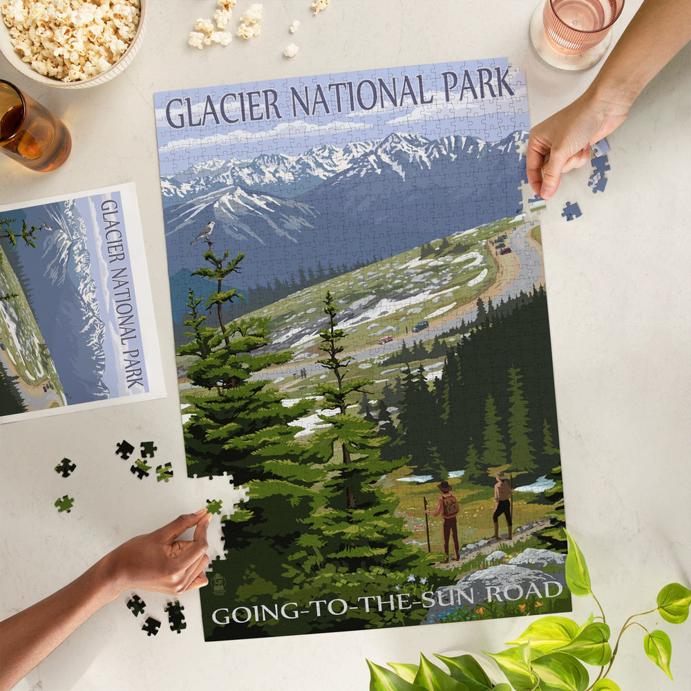 Glacier National Park, Montana, Going to the Sun Road and Hikers, Jigsaw Puzzle Puzzle Lantern Press 