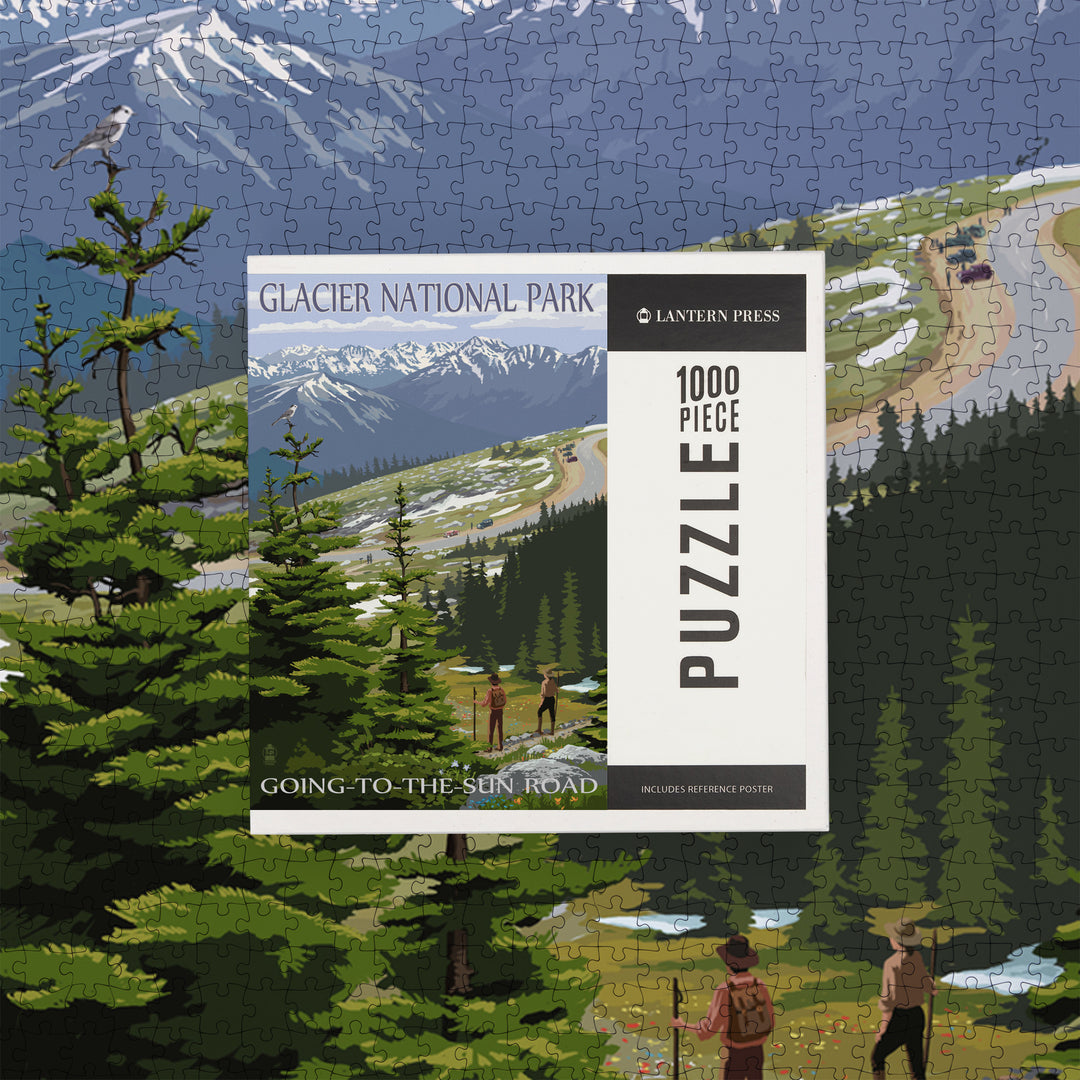Glacier National Park, Montana, Going to the Sun Road and Hikers, Jigsaw Puzzle Puzzle Lantern Press 