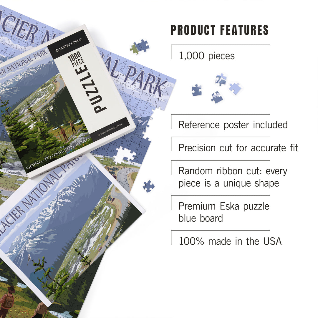Glacier National Park, Montana, Going to the Sun Road and Hikers, Jigsaw Puzzle Puzzle Lantern Press 
