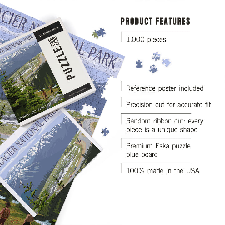 Glacier National Park, Montana, Going to the Sun Road and Hikers, Jigsaw Puzzle Puzzle Lantern Press 