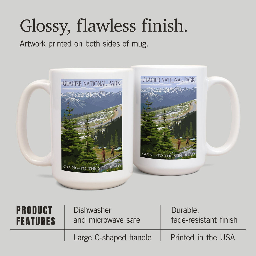 Glacier National Park, Montana, Going to the Sun Road & Hikers, Lantern Press Artwork, Ceramic Mug Mugs Lantern Press 