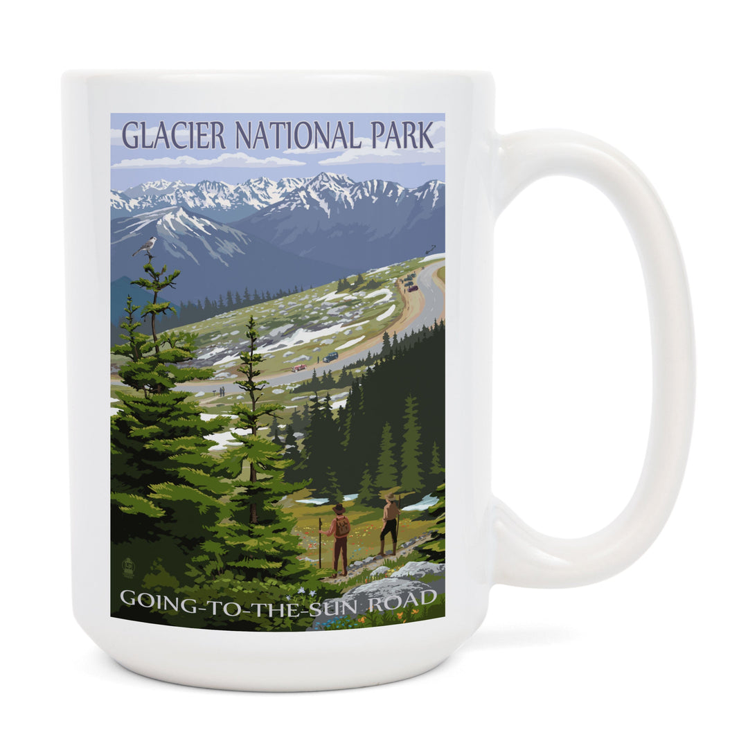 Glacier National Park, Montana, Going to the Sun Road & Hikers, Lantern Press Artwork, Ceramic Mug Mugs Lantern Press 