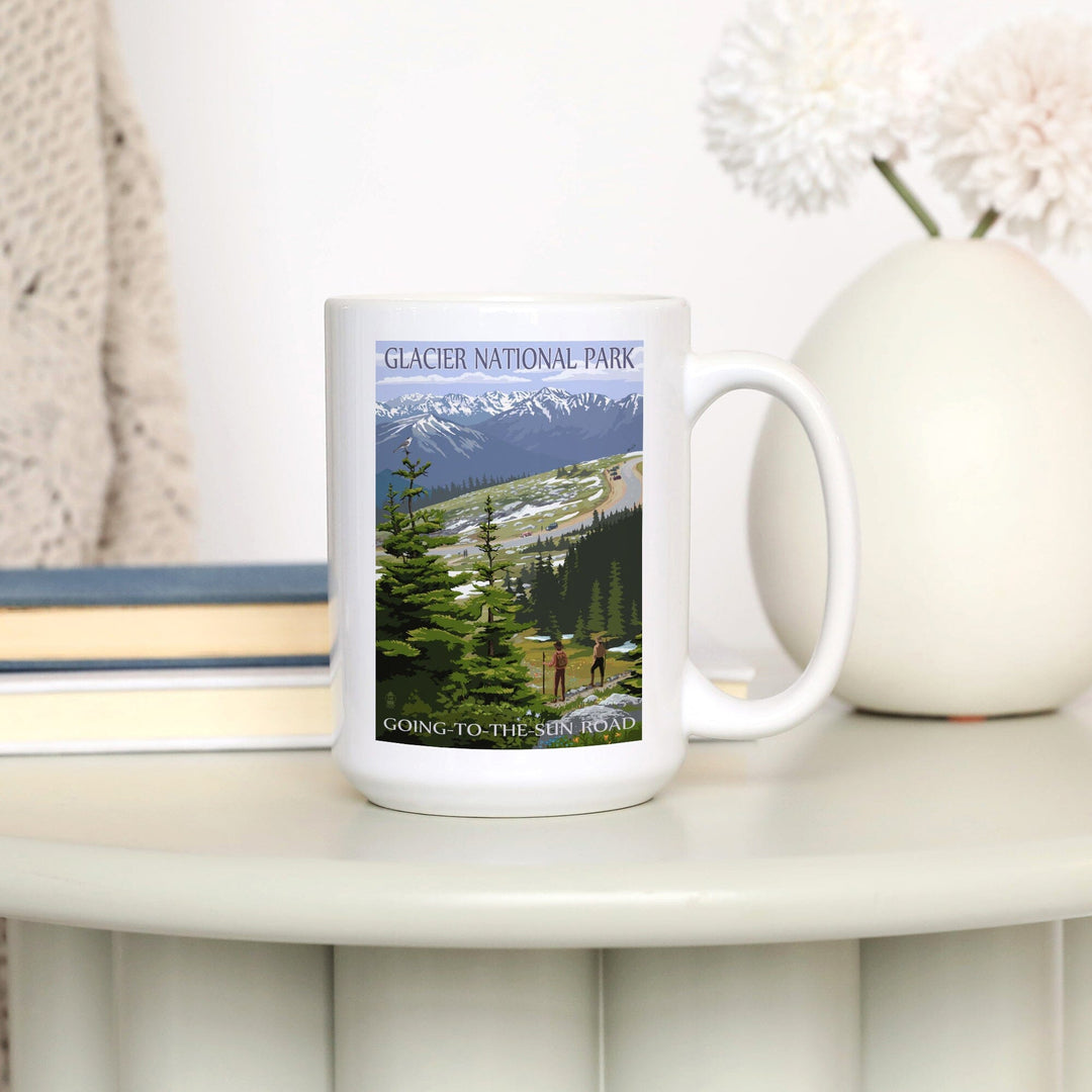 Glacier National Park, Montana, Going to the Sun Road & Hikers, Lantern Press Artwork, Ceramic Mug Mugs Lantern Press 