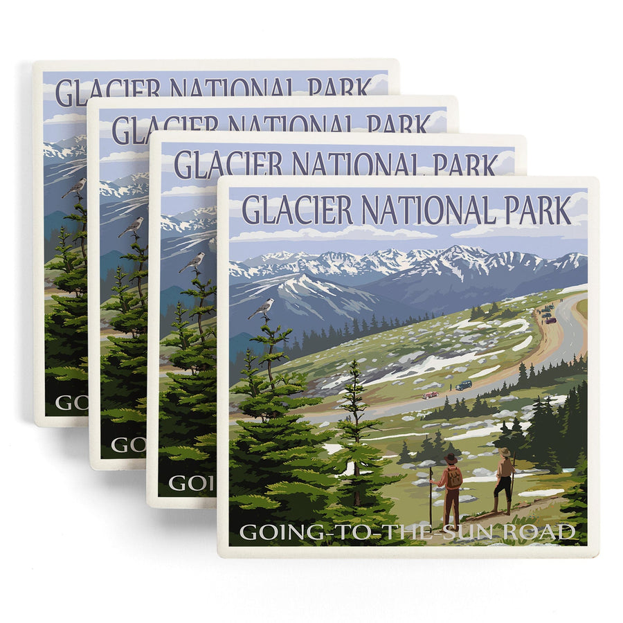 Glacier National Park, Montana, Going to the Sun Road & Hikers, Lantern Press Artwork, Coaster Set - Lantern Press