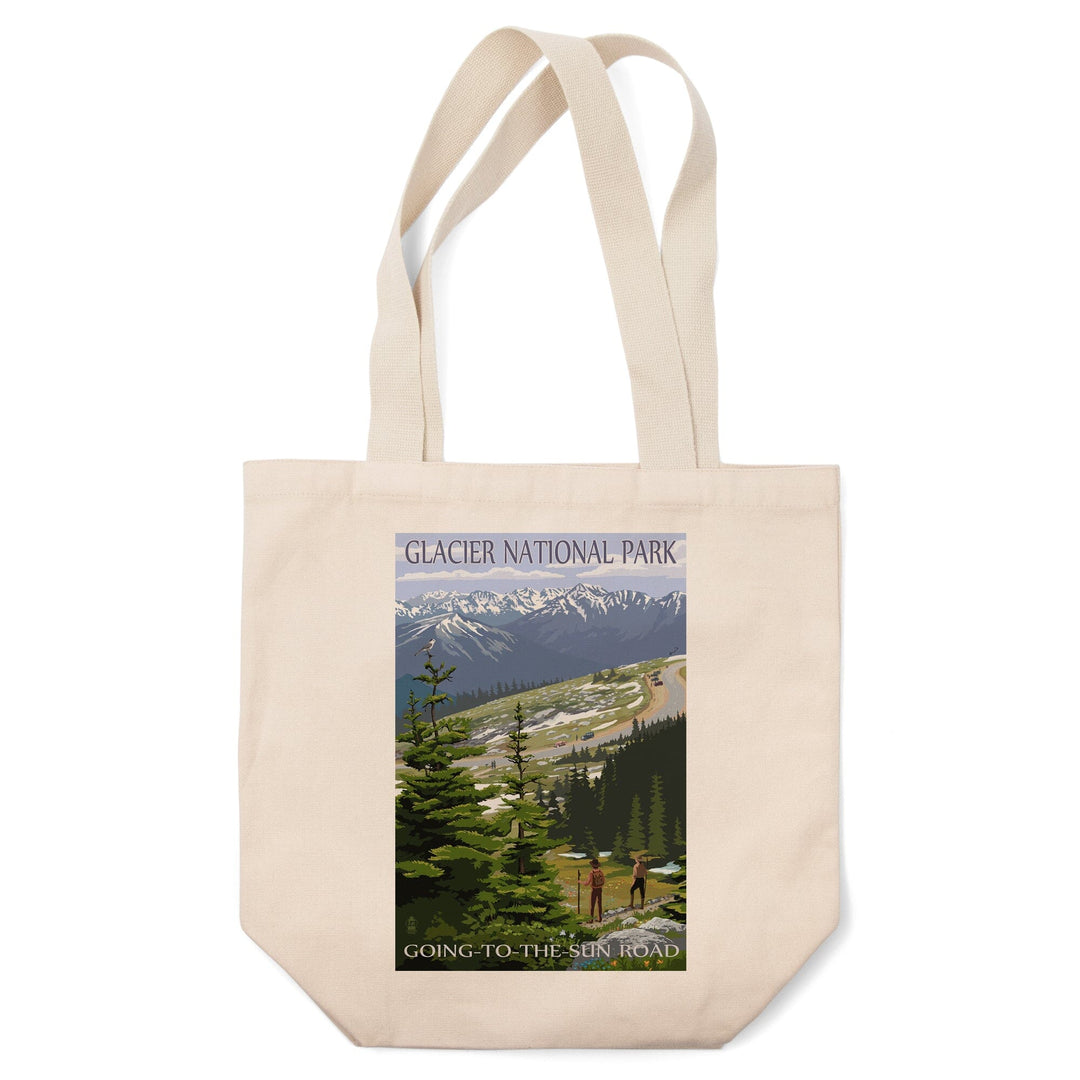 Glacier National Park, Montana, Going to the Sun Road & Hikers, Lantern Press Artwork, Tote Bag Totes Lantern Press 