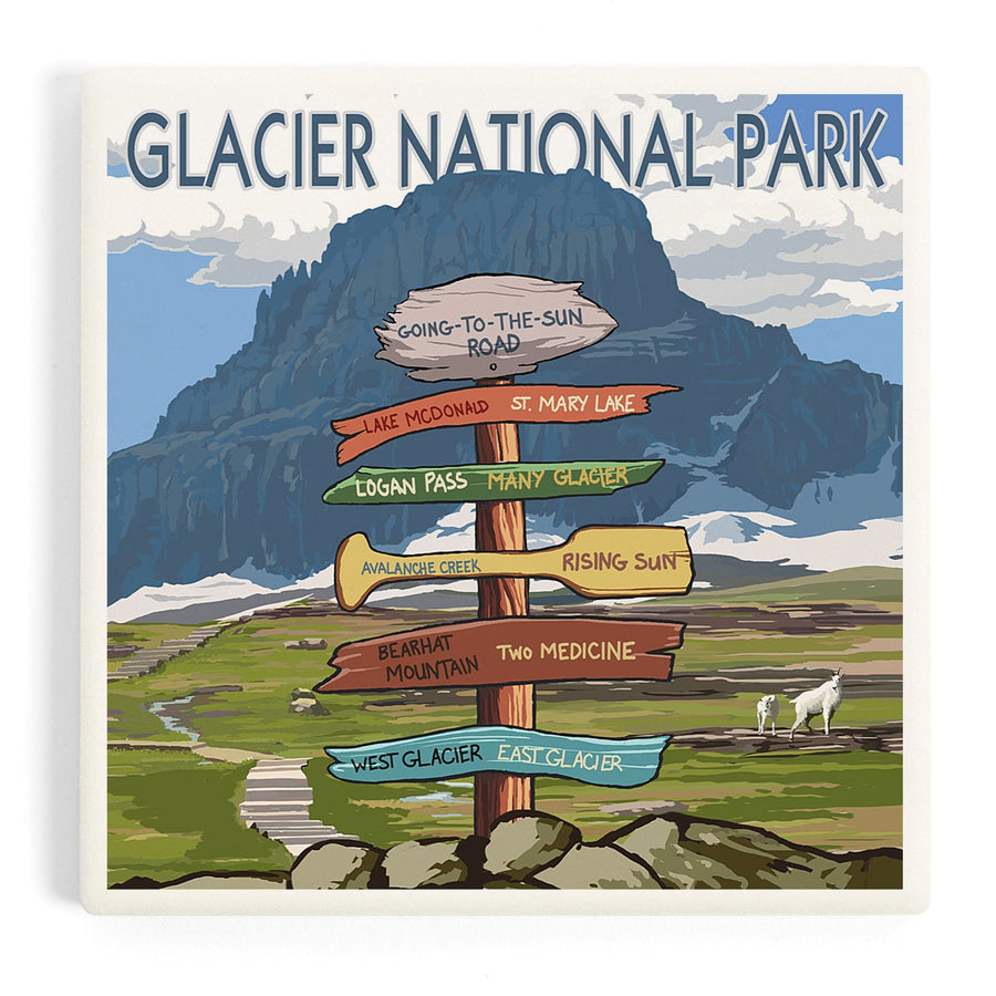 Glacier National Park, Montana, Going-To-The-Sun Road Mountain Signpost, Coasters Coasters Lantern Press 