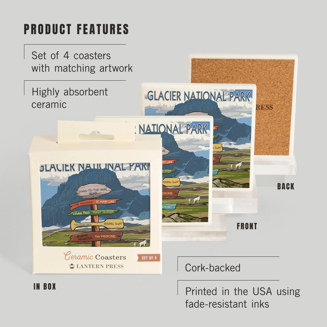 Glacier National Park, Montana, Going-To-The-Sun Road Mountain Signpost, Coasters Coasters Lantern Press 