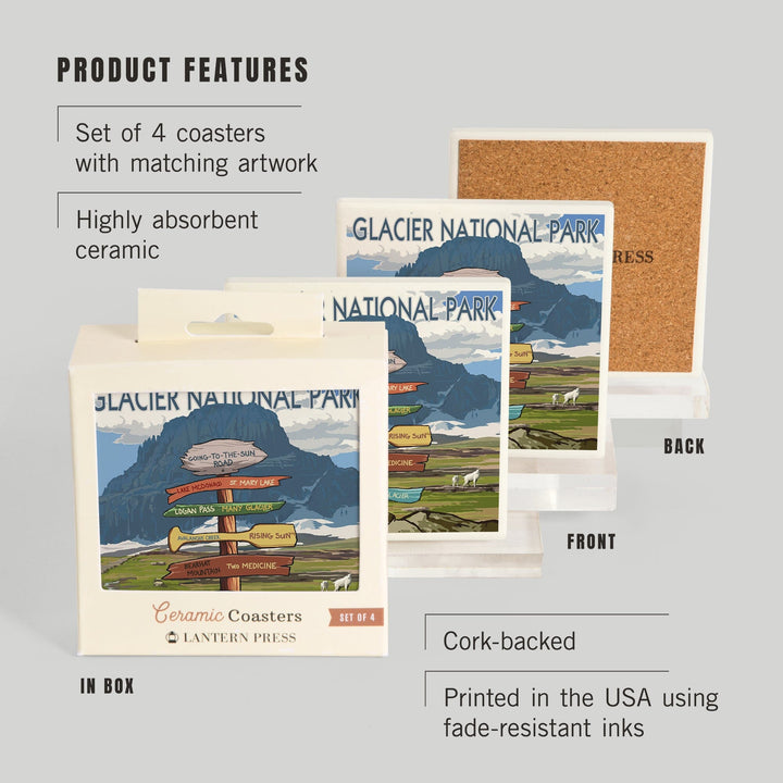 Glacier National Park, Montana, Going-To-The-Sun Road Mountain Signpost, Coasters Coasters Lantern Press 