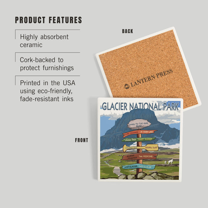Glacier National Park, Montana, Going-To-The-Sun Road Mountain Signpost, Coasters Coasters Lantern Press 