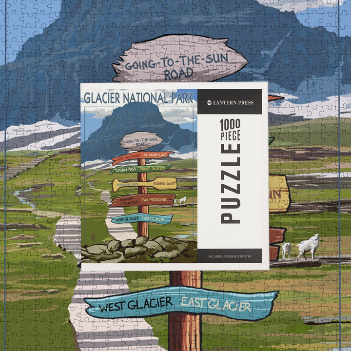 Glacier National Park, Montana, Going-To-The-Sun Road Mountain Signpost, Jigsaw Puzzle Puzzle Lantern Press 
