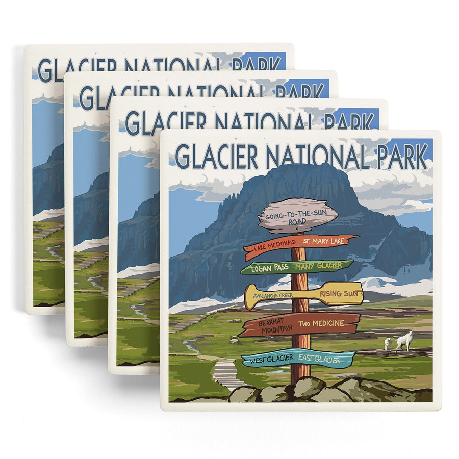 Glacier National Park, Montana, Going-To-The-Sun Road Mountain Signpost, Lantern Press Artwork, Coaster Set - Lantern Press