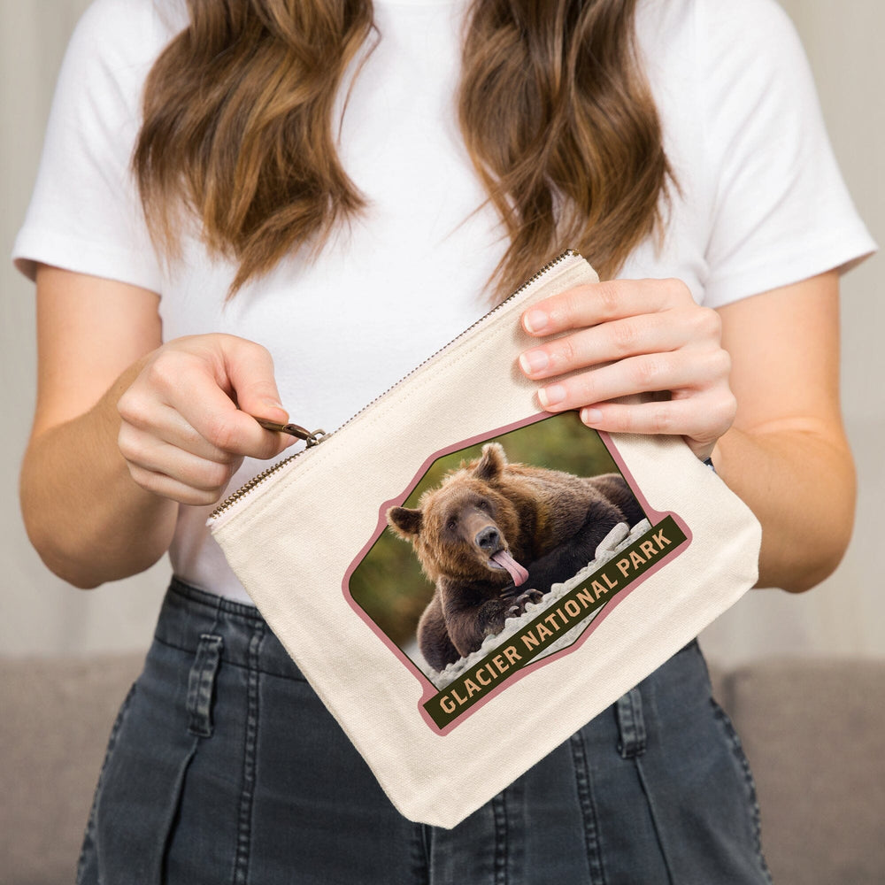Glacier National Park, Montana, Grizzly Bear with Tongue Out,, Organic Cotton Zipper Pouch, Go Bag Go Bag Lantern Press 