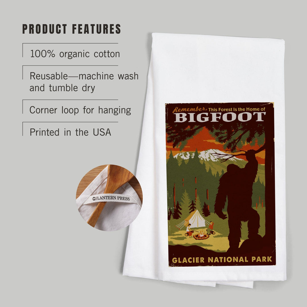 Glacier National Park, Montana, Home of Bigfoot, Organic Cotton Kitchen Tea Towels Kitchen Lantern Press 