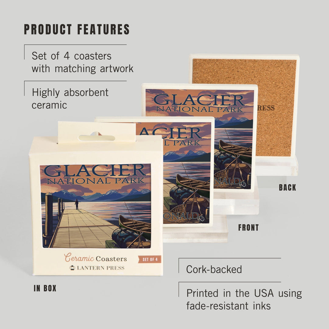 Glacier National Park, Montana, Lake McDonald, Lantern Press Artwork, Coaster Set - Lantern Press