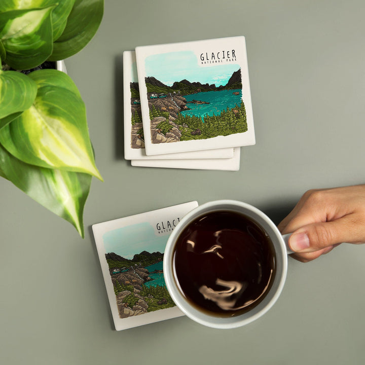 Glacier National Park, Montana, Line Drawing, Coasters Coasters Lantern Press 
