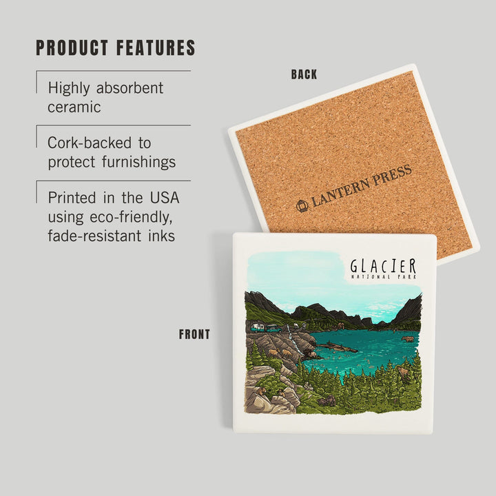 Glacier National Park, Montana, Line Drawing, Coasters Coasters Lantern Press 