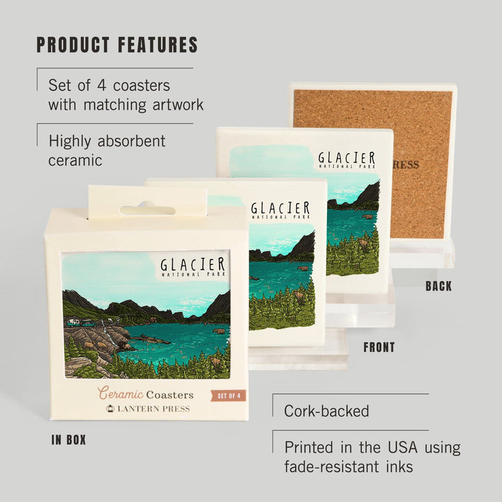 Glacier National Park, Montana, Line Drawing, Coasters Coasters Lantern Press 