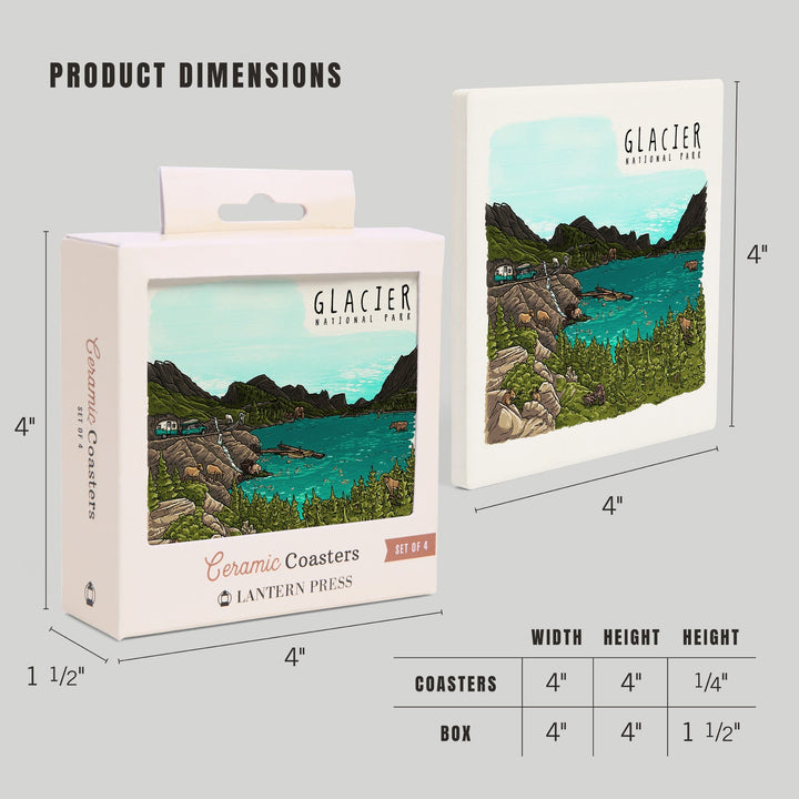 Glacier National Park, Montana, Line Drawing, Coasters Coasters Lantern Press 