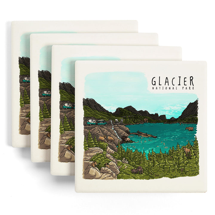 Glacier National Park, Montana, Line Drawing, Coasters Coasters Lantern Press 