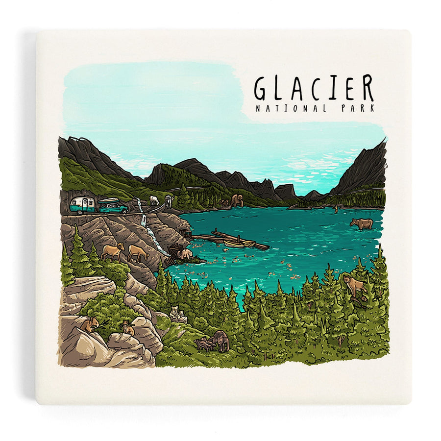 Glacier National Park, Montana, Line Drawing, Coasters Coasters Lantern Press 