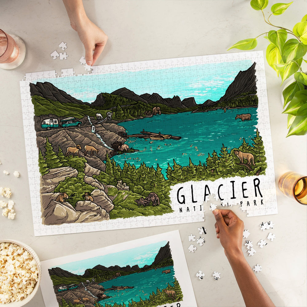 Glacier National Park, Montana, Line Drawing, Jigsaw Puzzle Puzzle Lantern Press 