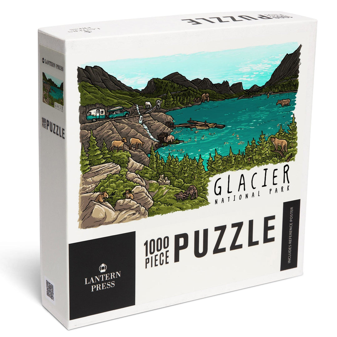 Glacier National Park, Montana, Line Drawing, Jigsaw Puzzle Puzzle Lantern Press 