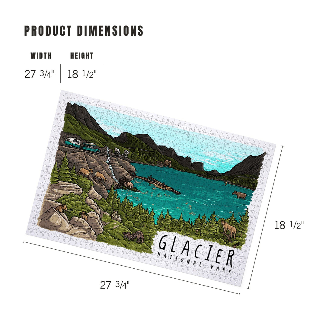 Glacier National Park, Montana, Line Drawing, Jigsaw Puzzle Puzzle Lantern Press 