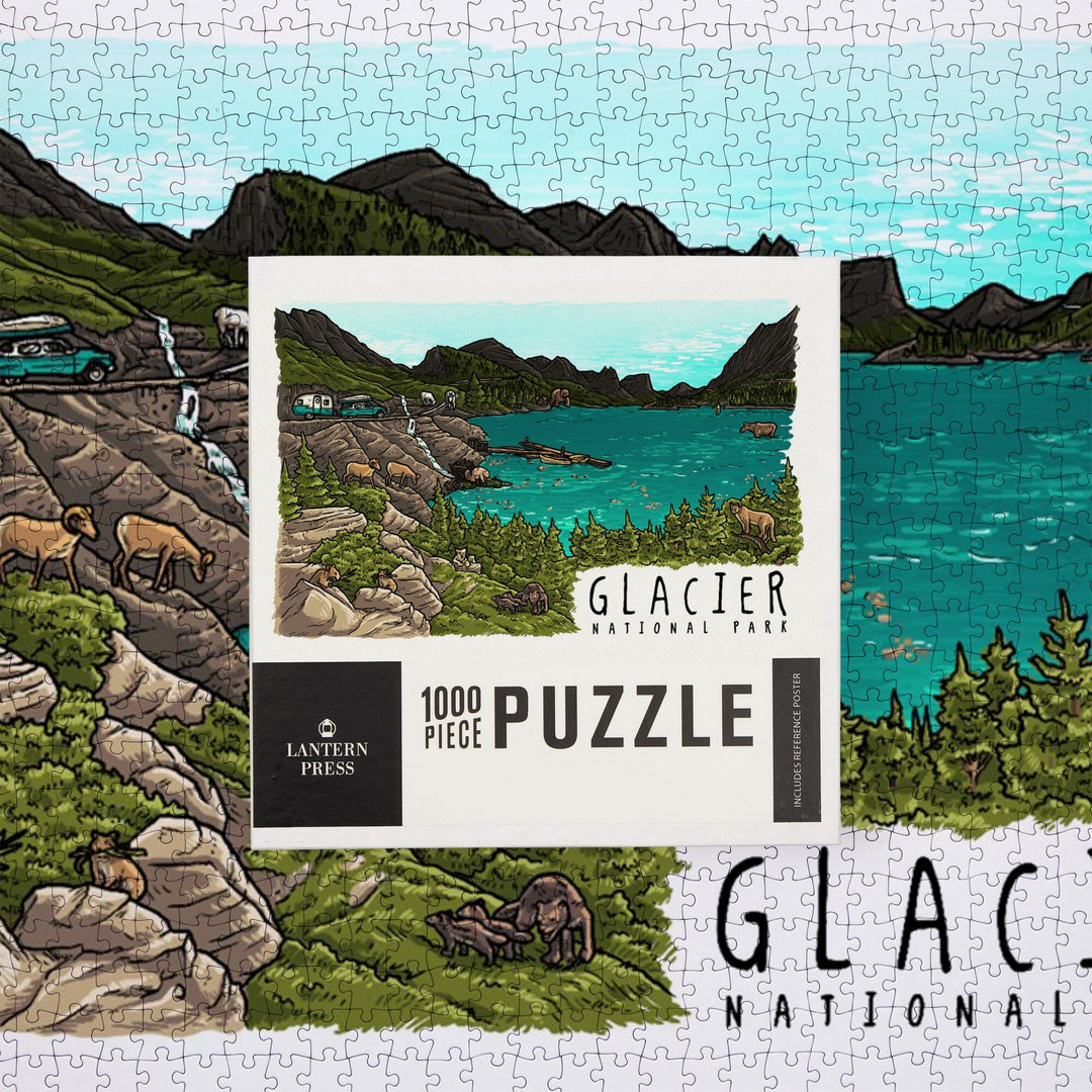 Glacier National Park, Montana, Line Drawing, Jigsaw Puzzle Puzzle Lantern Press 